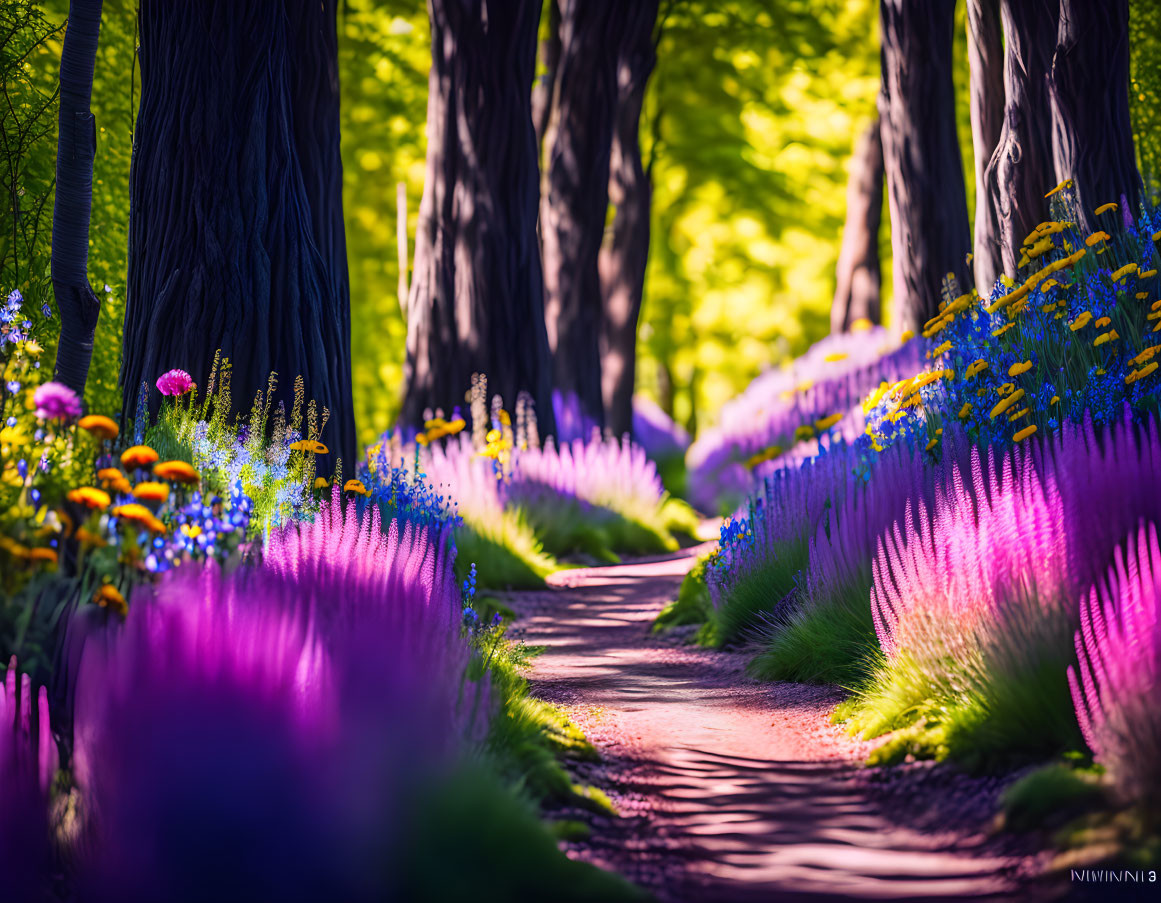 Lush forest path with tall trees and colorful flowers