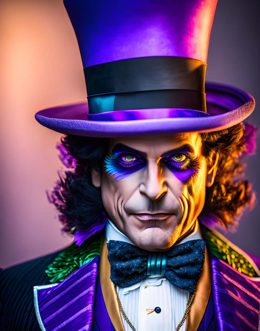 Colorful Joker portrait with tall purple hat and wide smile.