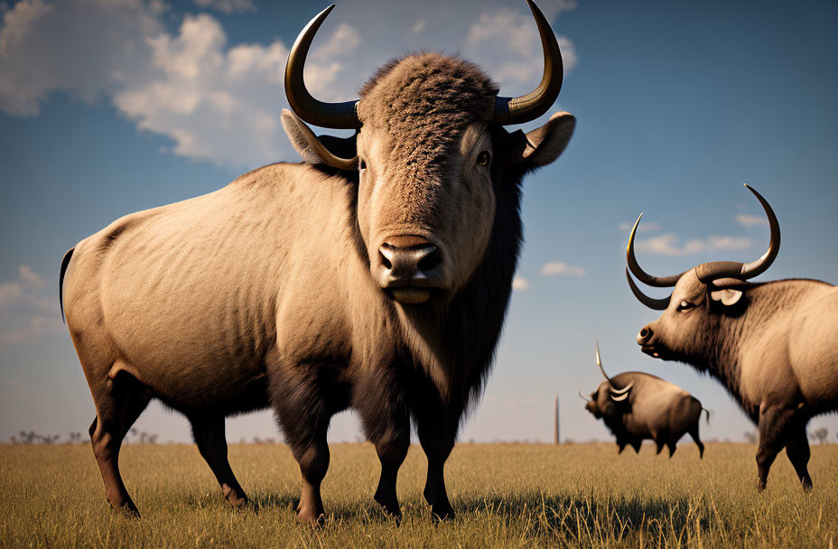 Three large brown buffalos with curved horns in grassy field under clear blue sky