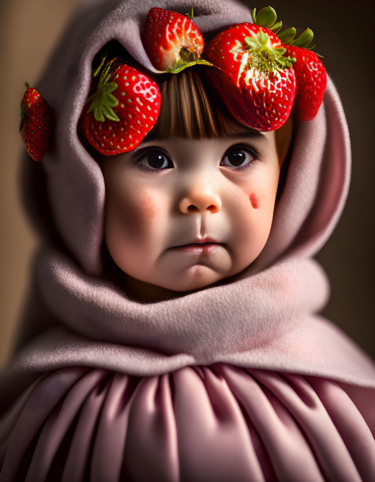 Young child in pink outfit with strawberry hood gazing solemnly