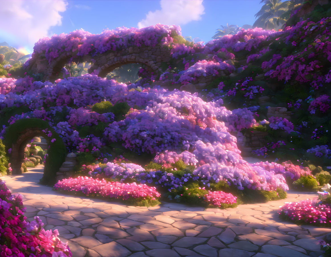 Vibrant garden with stone paths, pink and purple flowers, stone bridge