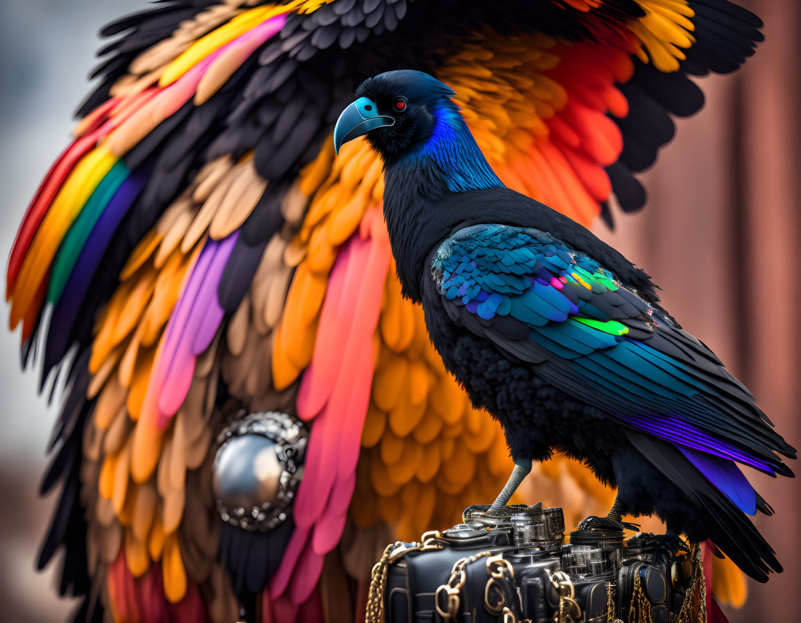 Colorful Bird with Blue and Green Feathers on Ornate Perch in Warm Background