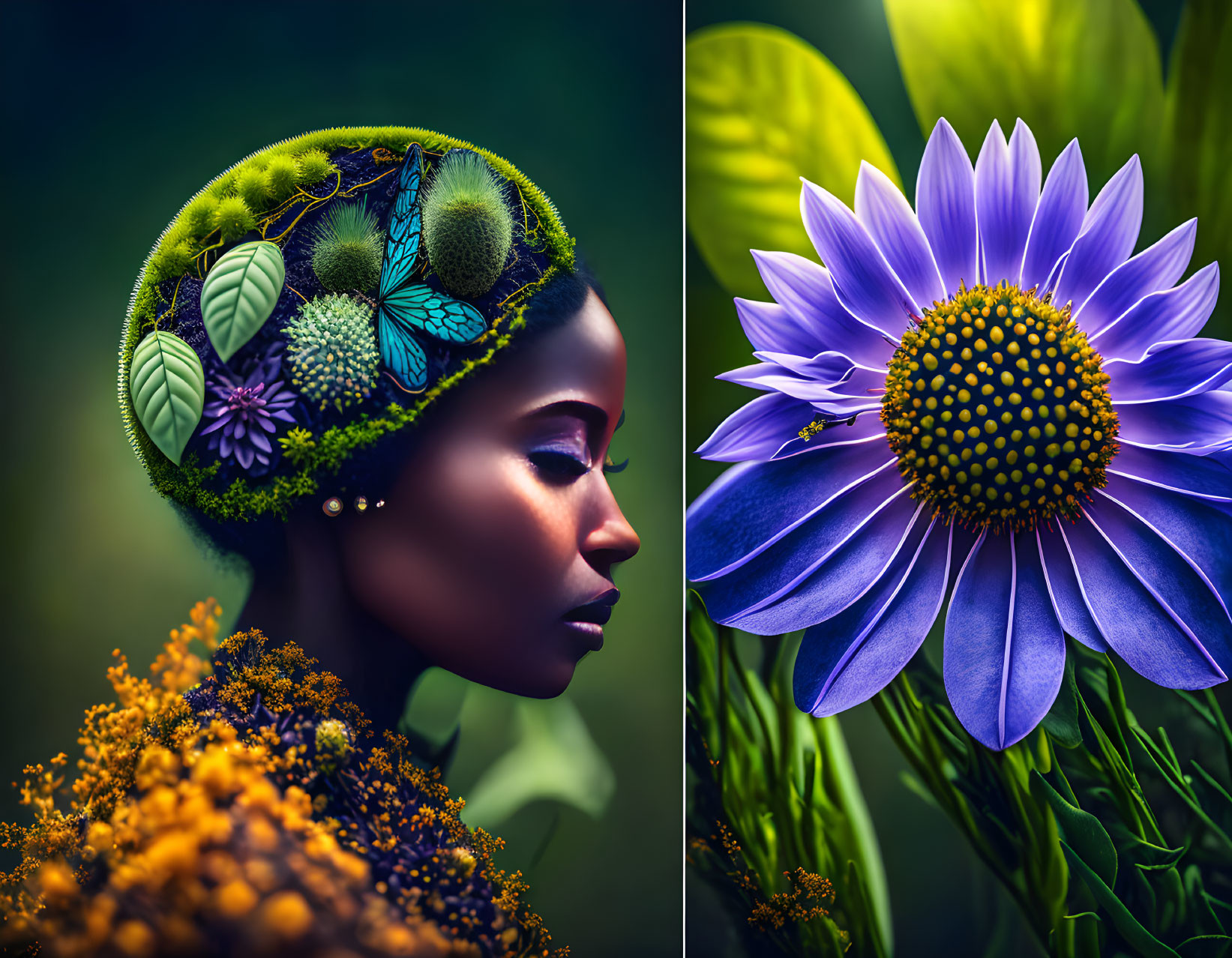 Vibrant woman with garden headdress and colorful flower juxtaposition.