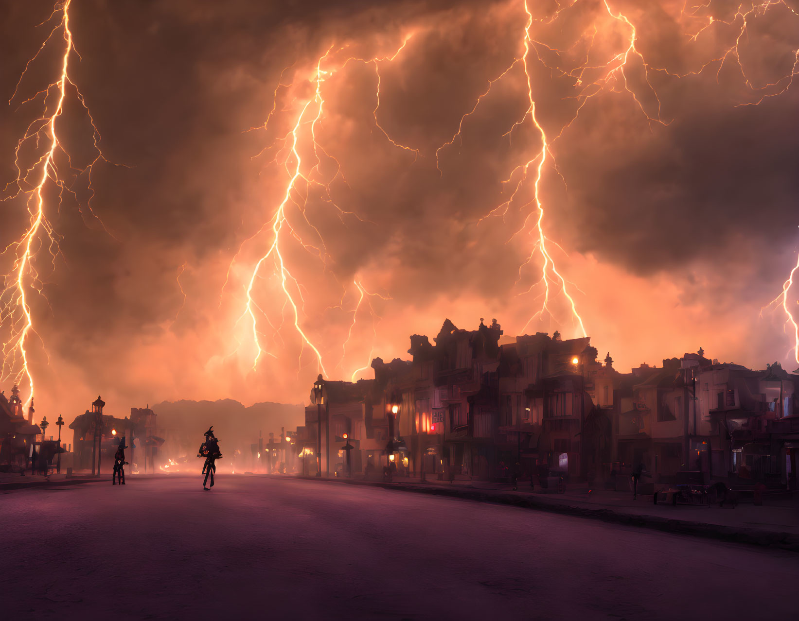Silhouetted figure on deserted street under stormy sky with lightning strikes