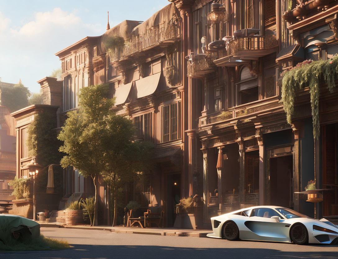 Classic Buildings and Modern Sports Car in Serene Street Scene