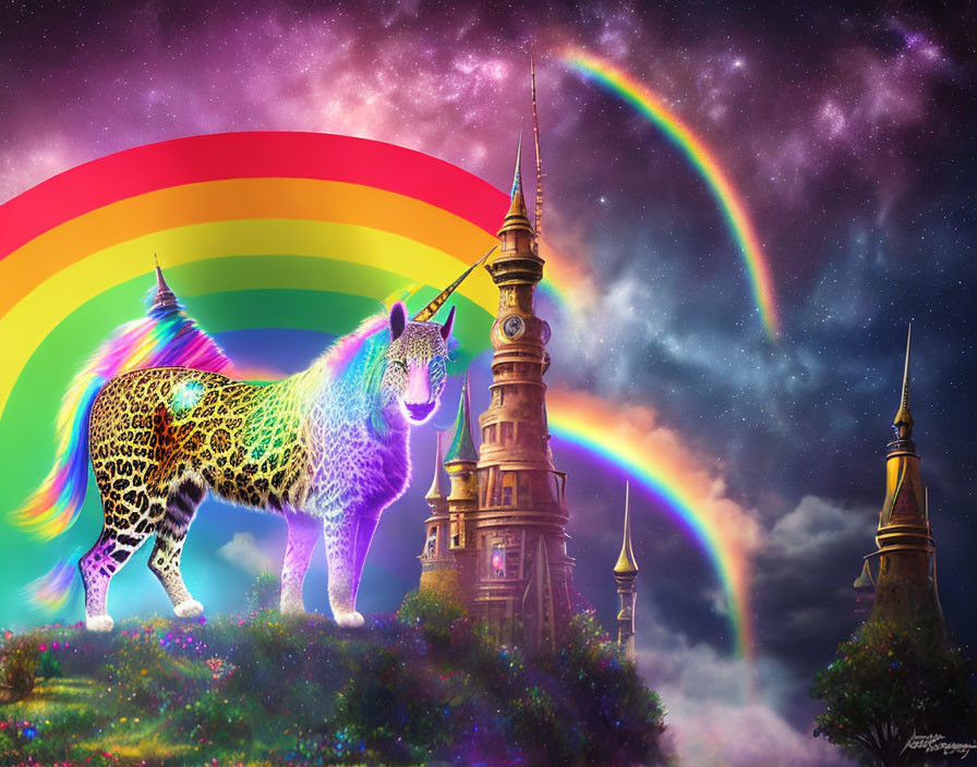 Colorful leopard-print unicorn under double rainbow at magical castle towers