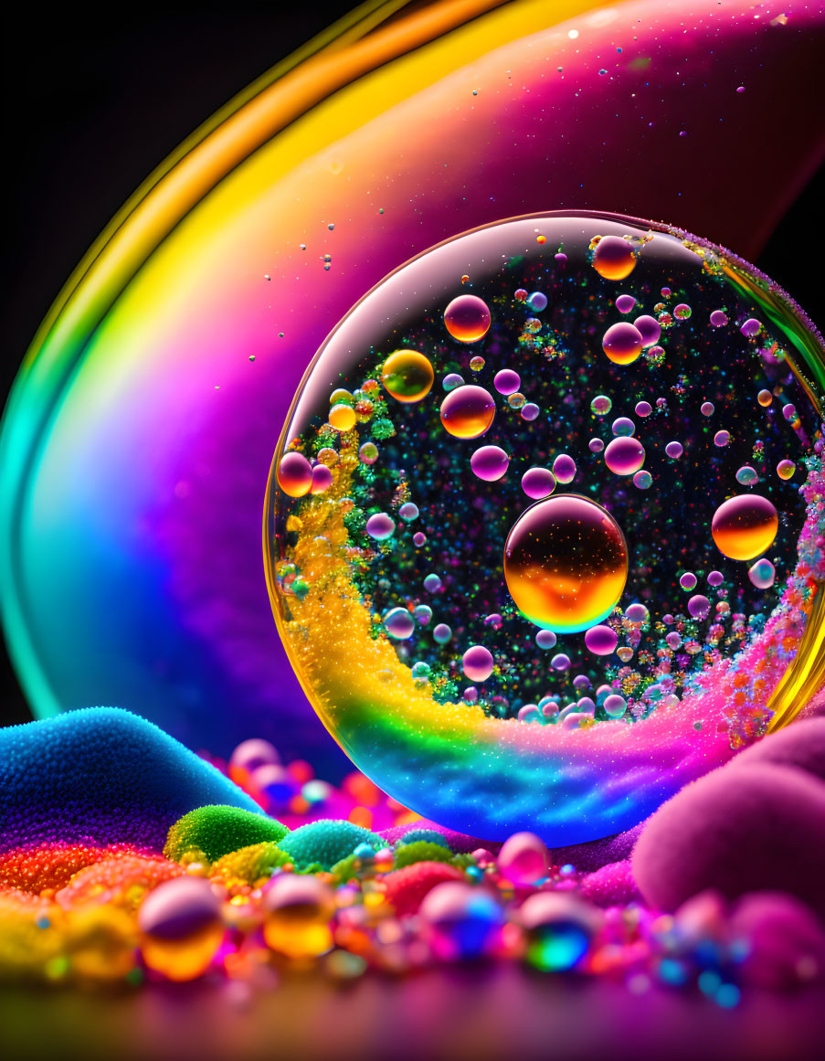 Colorful Macro Shot of Oil Droplets in Water: Vibrant Spheres on Dark Background