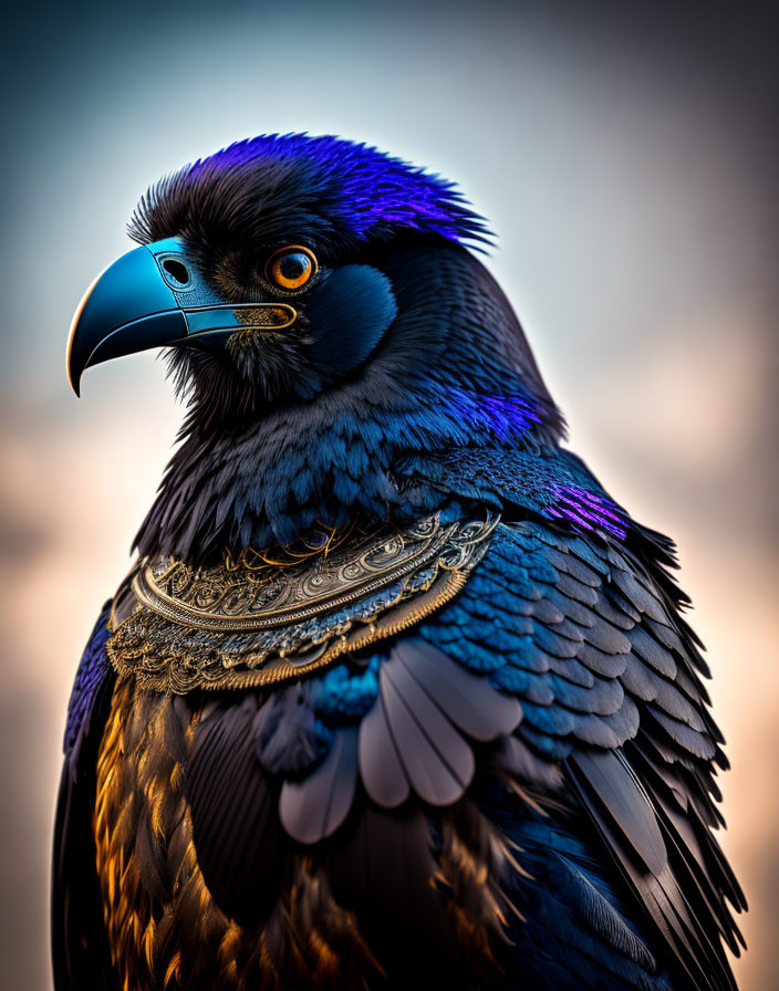 Majestic raven with blue and purple feathers and metallic collar.