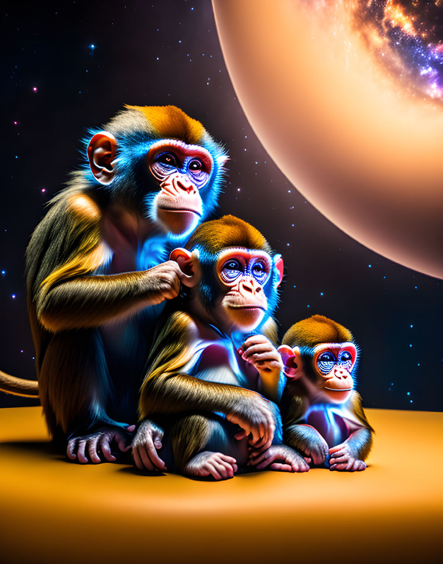 Colorful Neon Monkeys with Cosmic Background