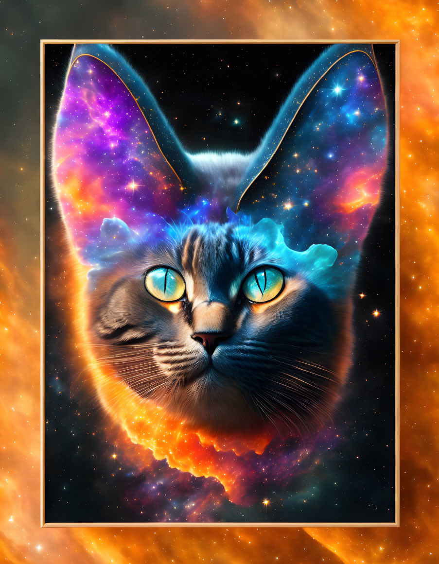 Colorful Cat's Head Illustration with Cosmic Patterns on Starry Space Backdrop