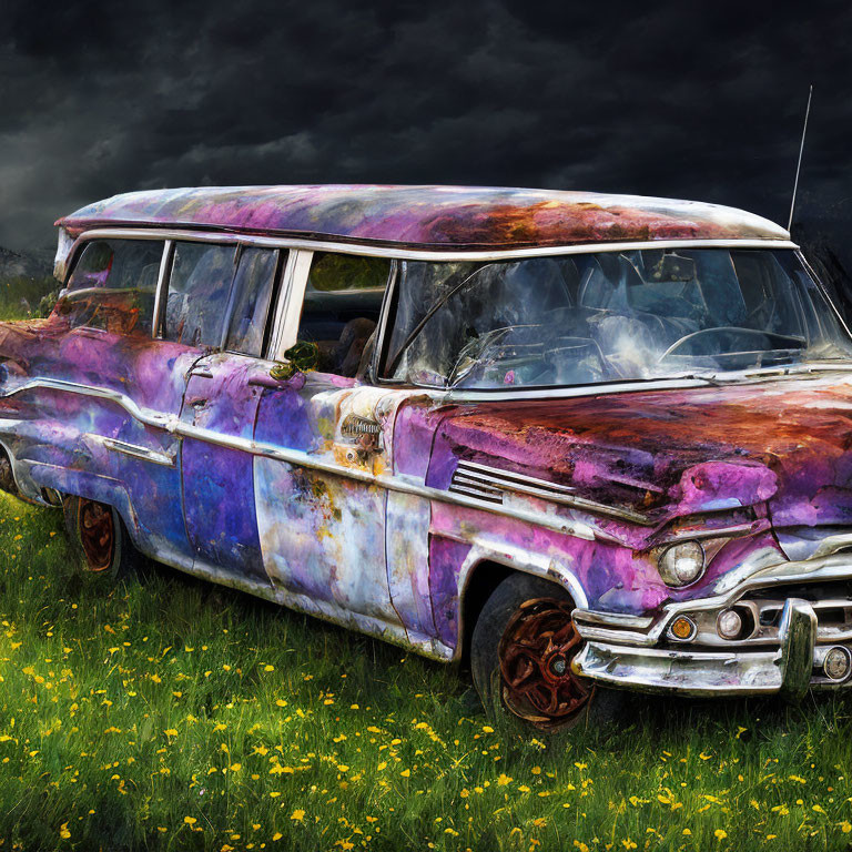 Abandoned vintage station wagon in field of yellow flowers under stormy sky