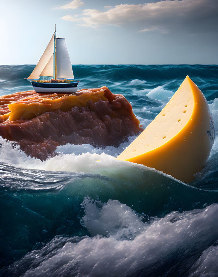 Surreal image: boat on ham and cheese waves with cloudy sky