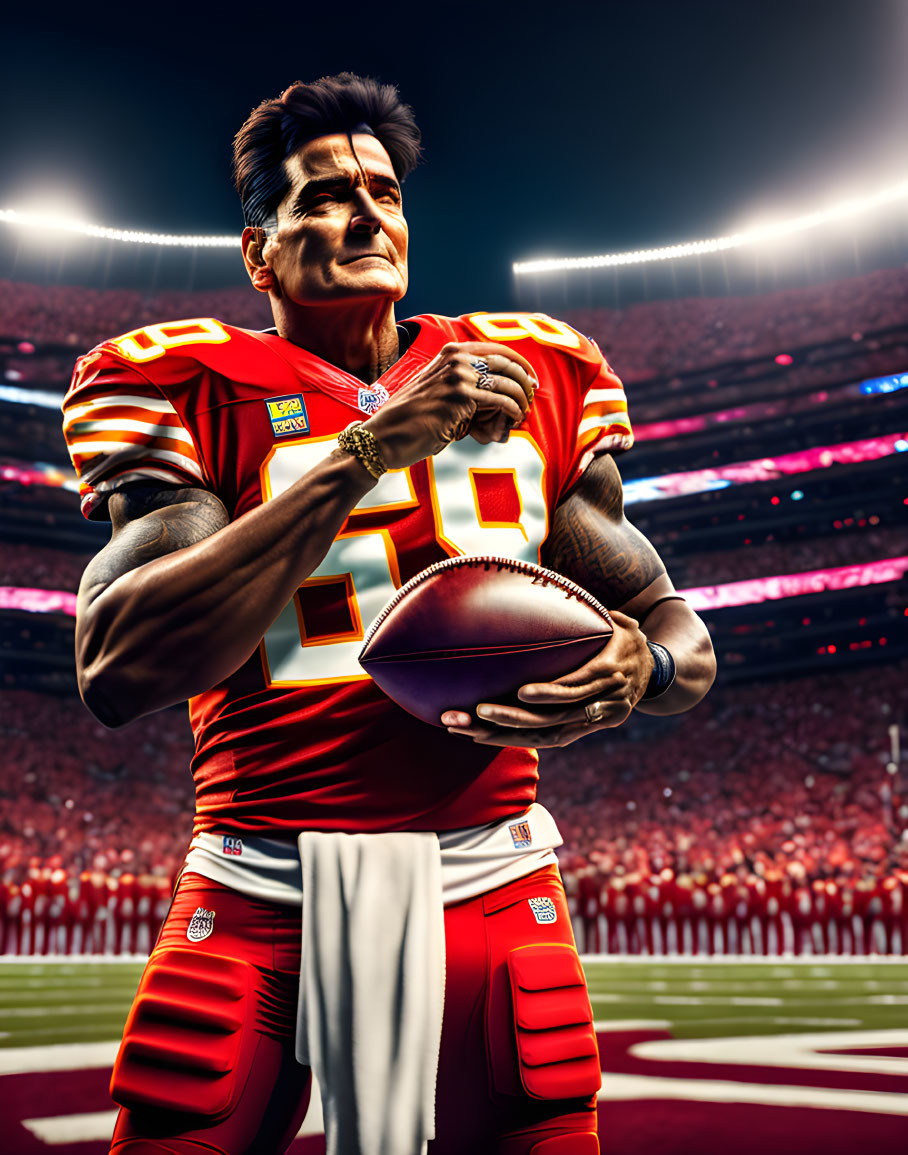 Digital illustration of muscular football player in red #15 Kansas City Chiefs jersey with football in stadium