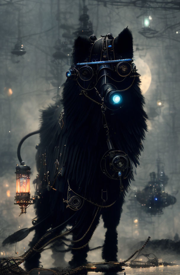 Steampunk-style mechanical black cat with glowing blue eyes in dimly lit room