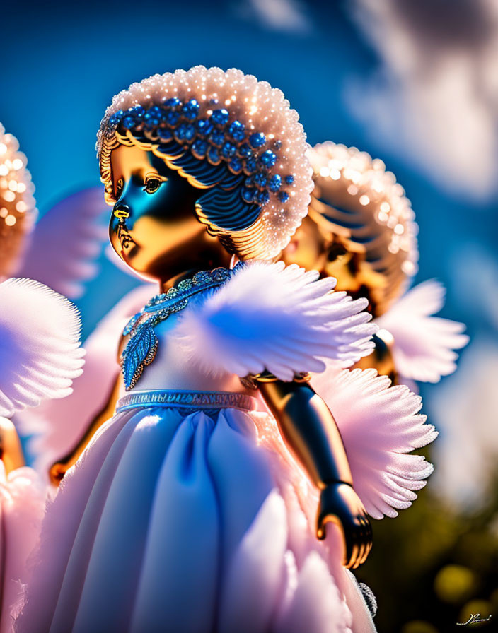 Porcelain angel figurines with pearl adornments and feathered wings on blue background