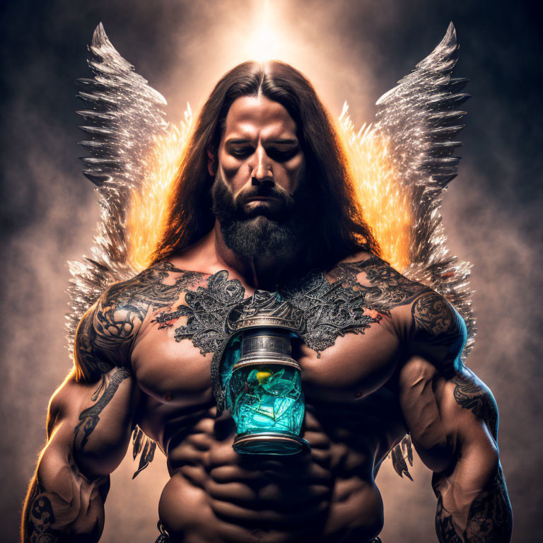 Muscular man with tattoos and angel wings holding blue lantern in ethereal light