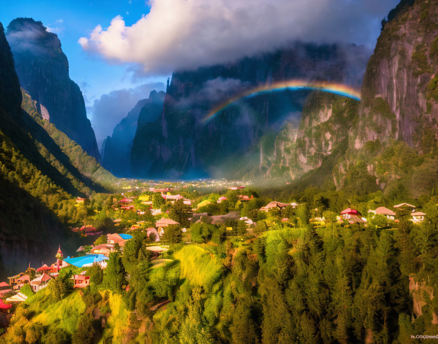 Scenic rainbow over mountain village with sun rays