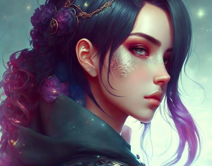 Illustrated portrait of woman with dark hair, floral adornments, glitter makeup, & celestial cloak