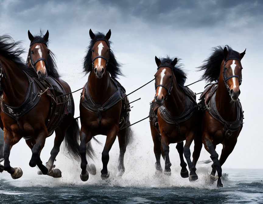 Four Bay Horses Galloping Through Water Under Stormy Sky