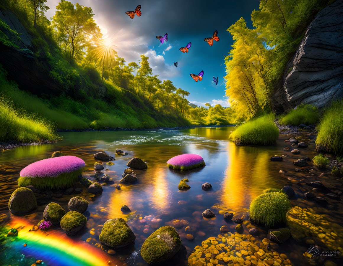 Colorful river landscape with mossy rocks, pink plants, butterflies, sunlight, and rainbow reflection.