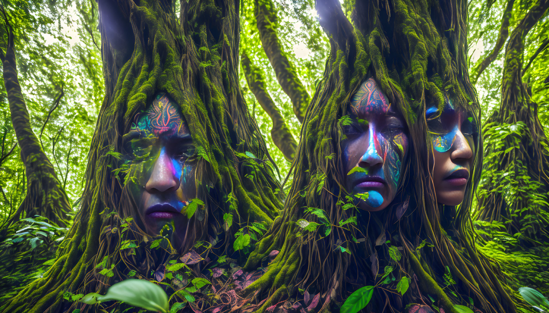 Three individuals with tree-like makeup in forest setting