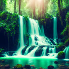 Woman with red crown merges into turquoise waterfalls in lush forest