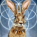 Detailed Brown Rabbit with Smaller Rabbit, Geometric Patterns, and Cosmic Sky