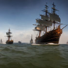 Majestic tall ships with full sails on the open sea at sunset