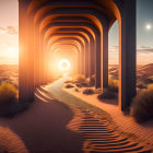 Surreal desert landscape with arches under starry sky