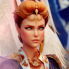 Red-haired female character with blue eyes and ornate jewelry in fantasy artwork