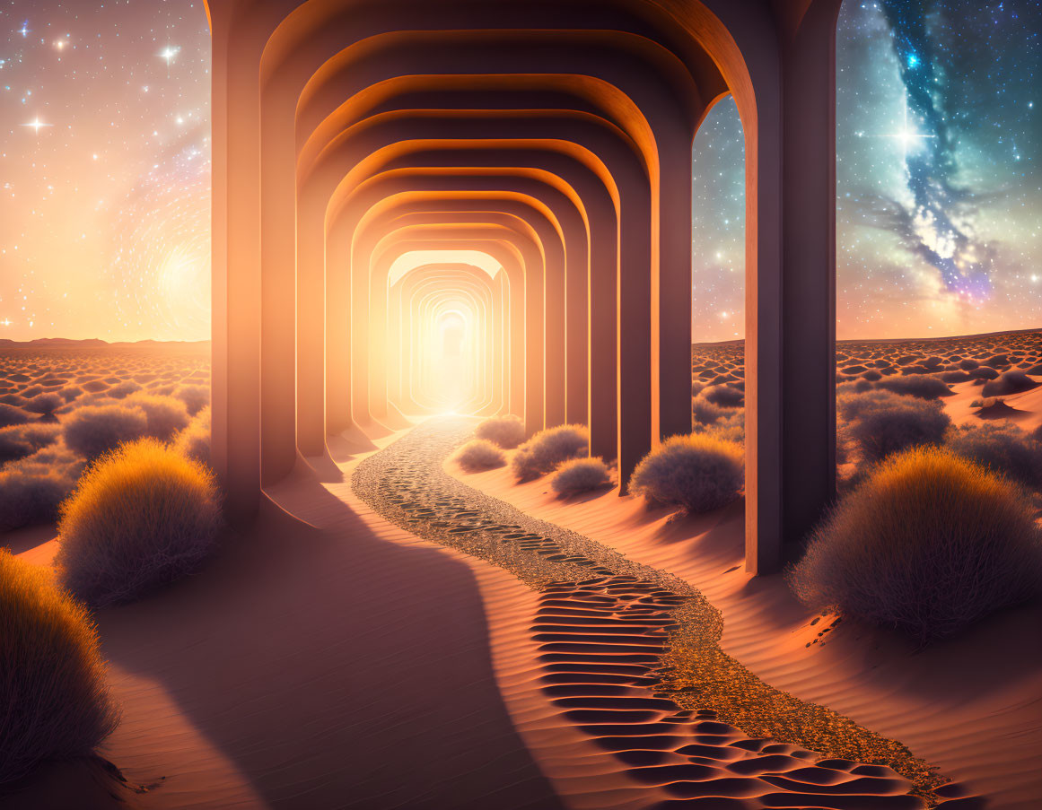 Surreal desert landscape with arches under starry sky