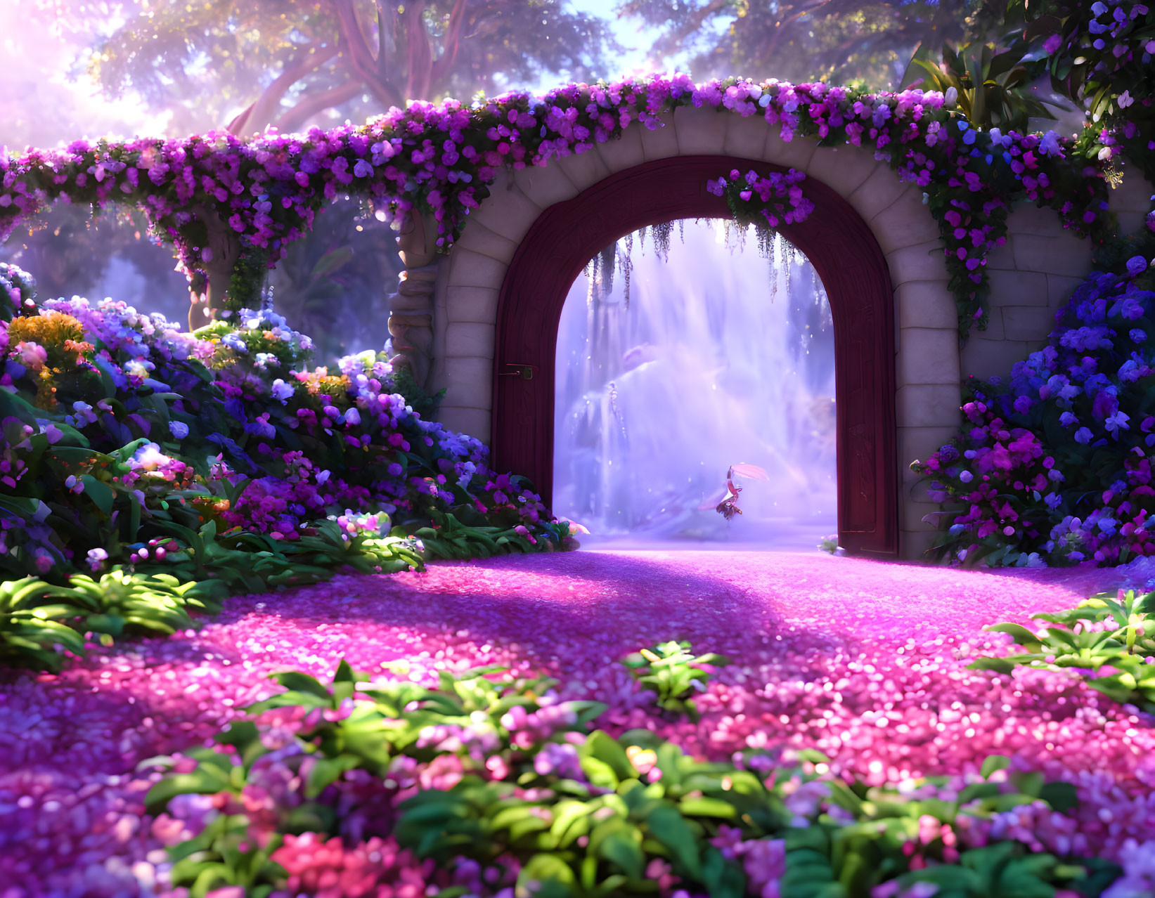 Scenic garden pathway with purple flower arch and waterfall view