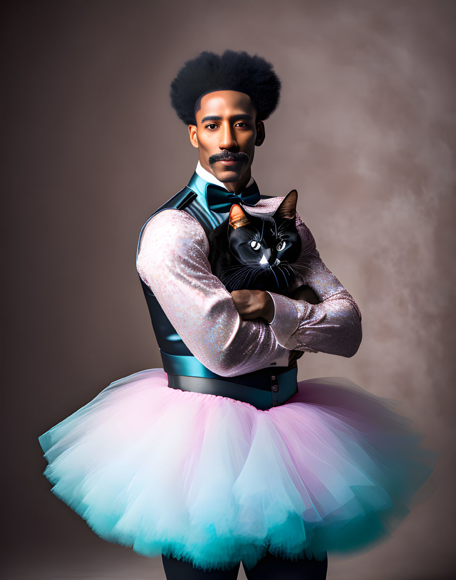 Man with Mustache and Afro in Sparkly Vest and Pastel Tutu Holding Black Cat