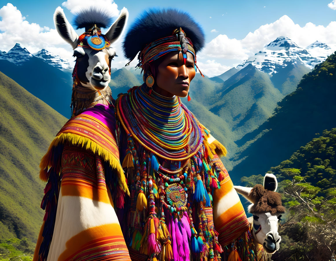 Traditional Andean clothing person with llamas in mountain scenery