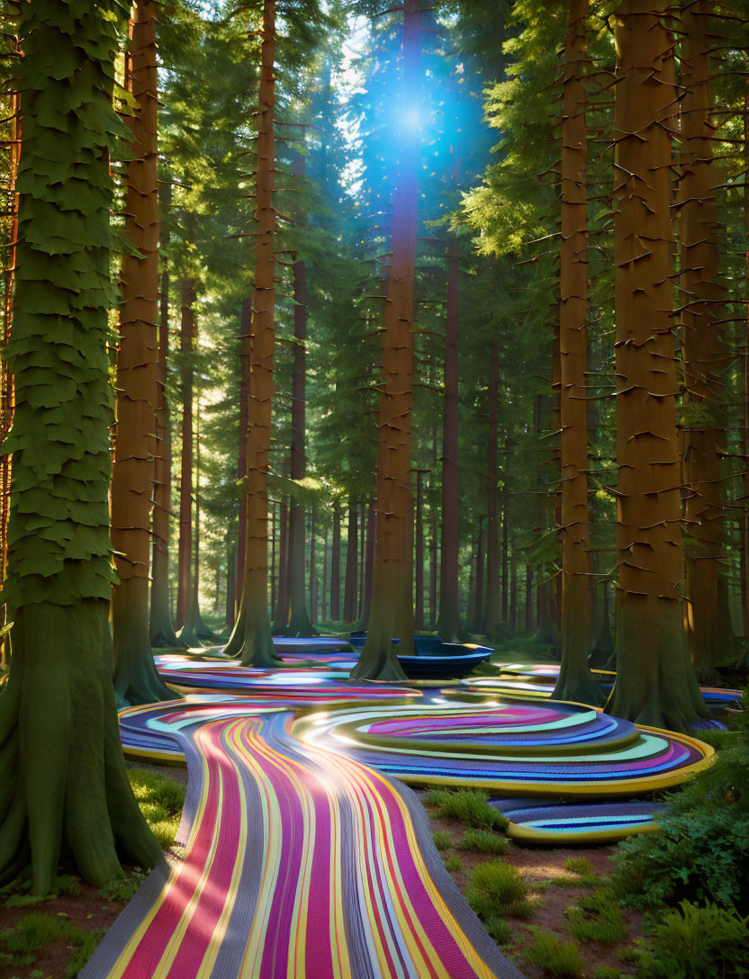 Colorful forest scene with tall trees and winding ribbon path