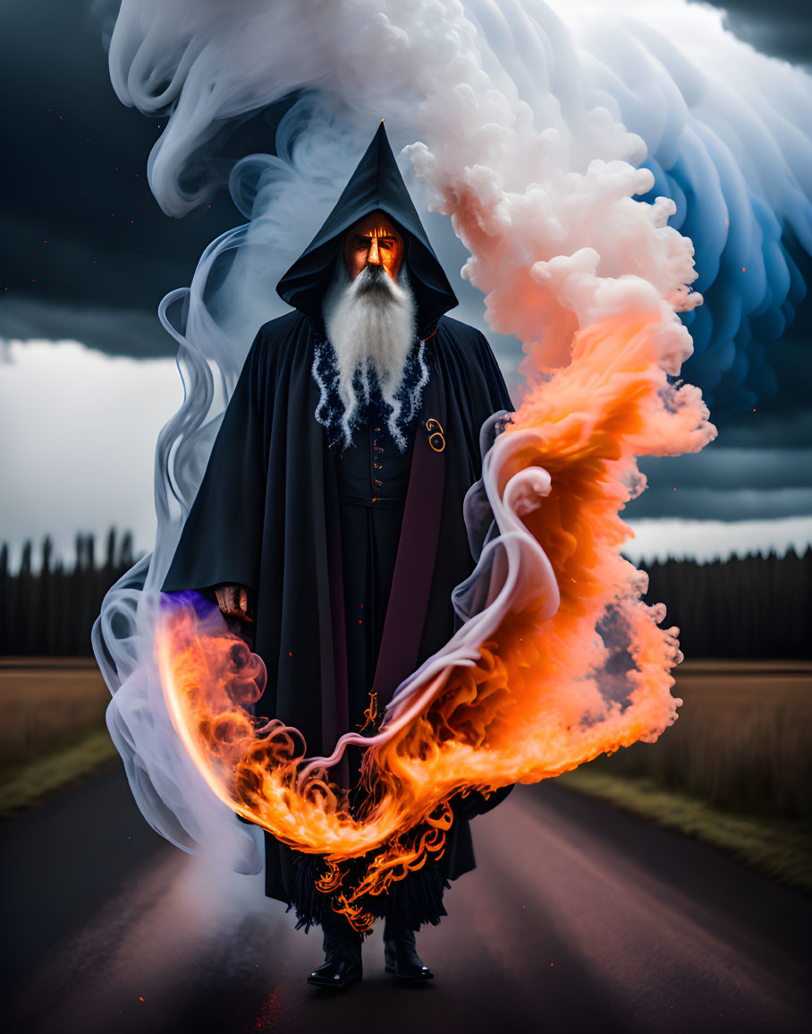 Wizard in Dark Cloak Casting Fire Spell on Stormy Sky