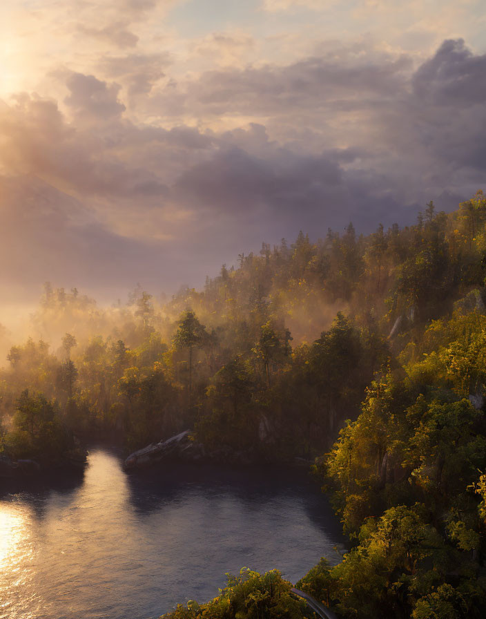 Sunlit Misty River Flowing Through Forest at Sunrise