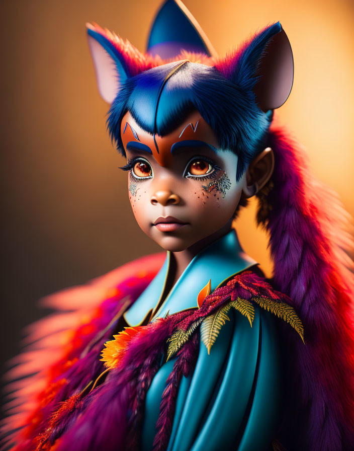 Vibrant digital artwork of stylized character with blue cat-like ears and vibrant feathers on orange gradient