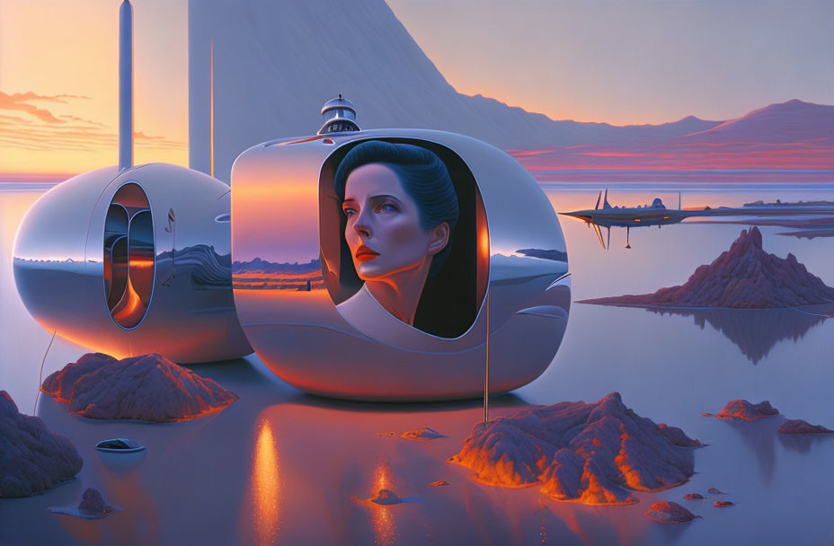 Futuristic pod structure on tranquil alien landscape at sunset with woman's face in window.