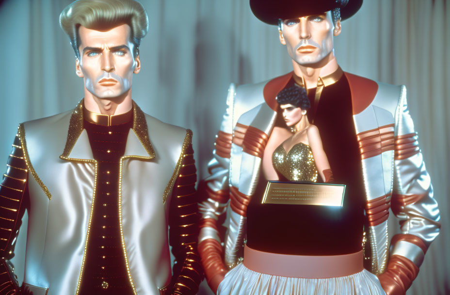 Futuristic metallic mannequins in space and cowboy attire with a smaller female figure