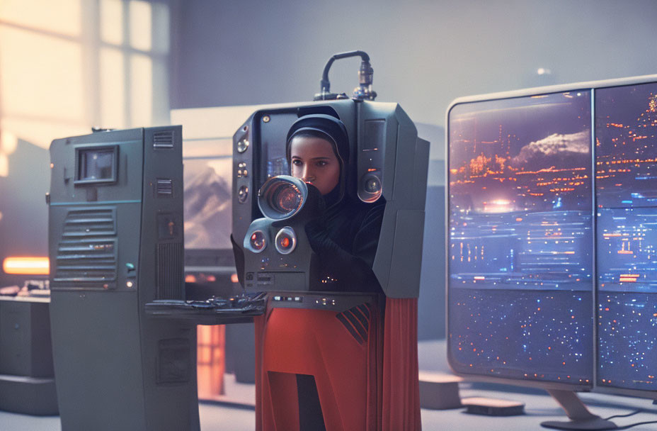 Person in orange suit with hijab operates retro-futuristic machinery in room with cityscape monitors.