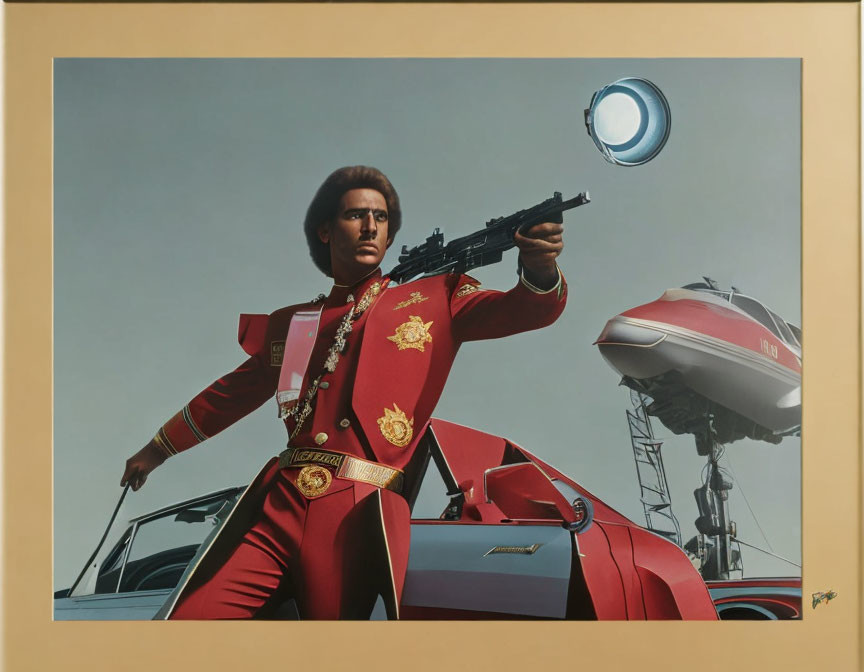 Illustration of man in red military uniform with gun and futuristic flying vehicle