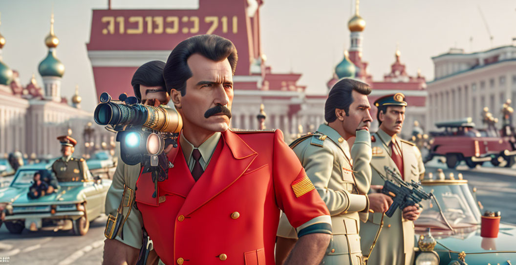 Stern man with mustache in red military uniform at parade