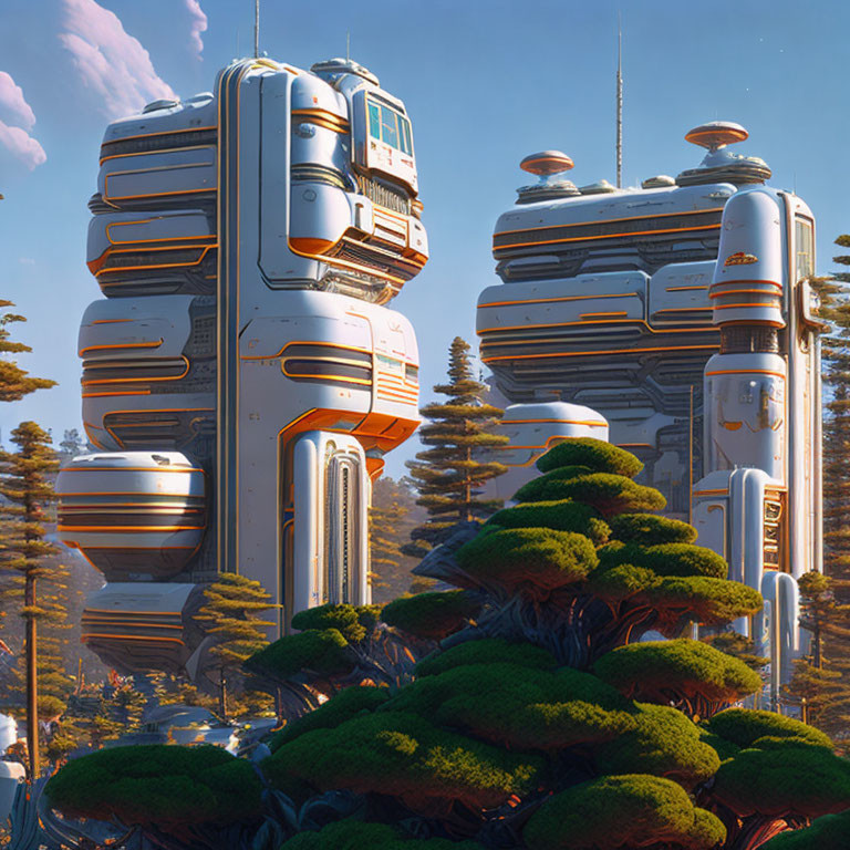 Towering futuristic buildings in forest setting with clear sky