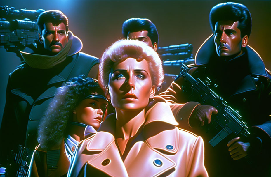 Futuristic soldiers with prominent woman in forefront against neon-lit background