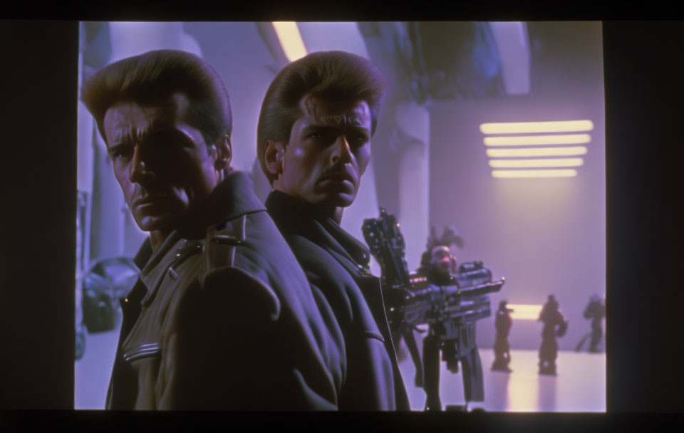 Futuristic hairstyles on two men in neon-lit sci-fi setting