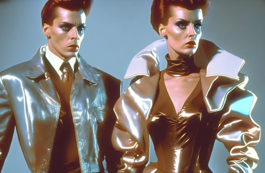 Striking makeup and metallic outfits with exaggerated collars modelled in futuristic poses