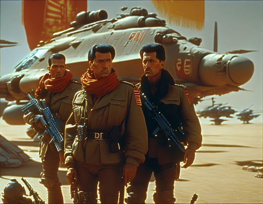 Three uniformed men with scarves and futuristic aircraft in desert setting.