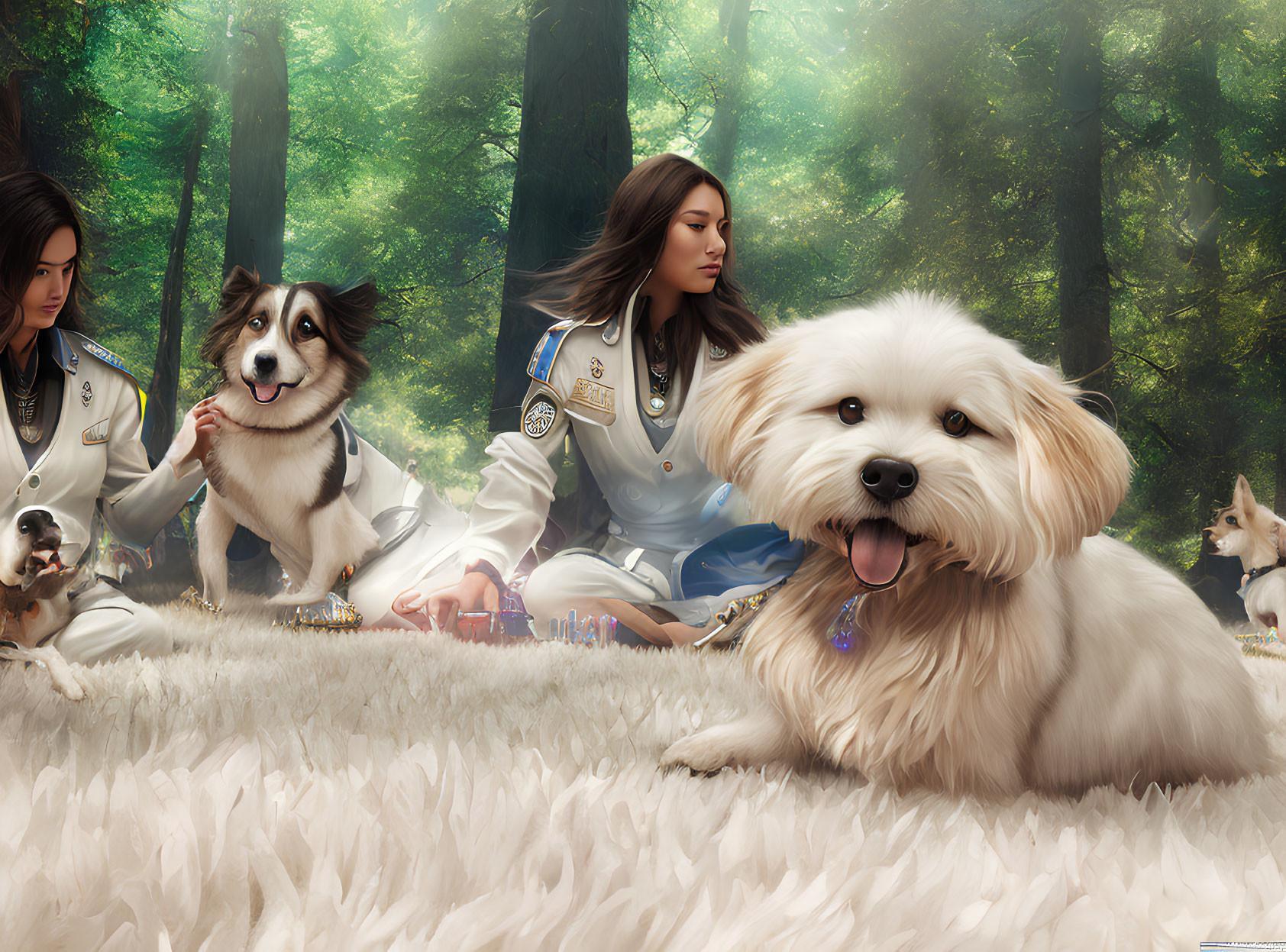 Two Women in Uniform with Dogs in Forest Clearing