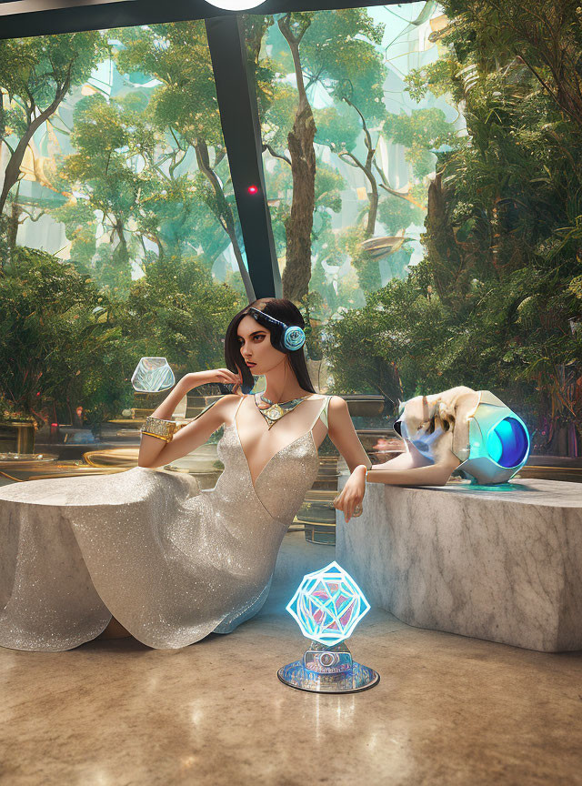 Woman in shimmering dress poses in futuristic jungle with geometric object and robot dog.